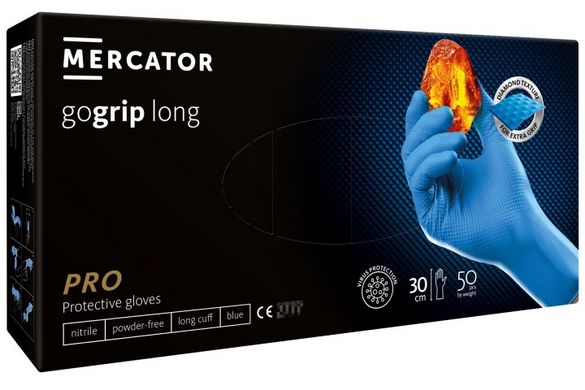 Професійні рукавички Mercator GoGrip Long, підвищеної міцності, сині, розмір M, 50 штук, Синій